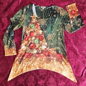 One World Holiday Christmas Studded Asymmetric Tunic Shirt M